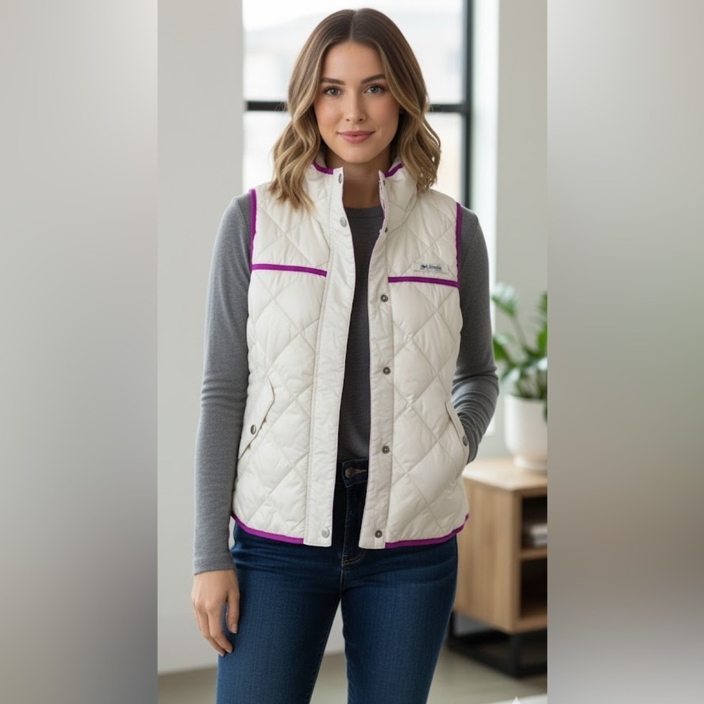 Columbia cream and purple vest PFG Harborside Quilted size small EUC